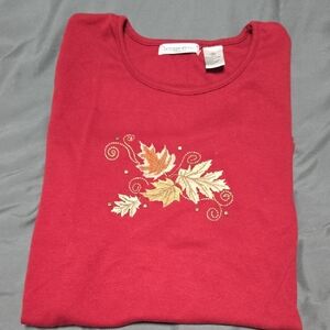 Bonnie Evans 1X Maroon 3/4 Sleeve Shirt With Leaf Design